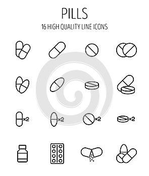 Set of pills icons in modern thin line style.