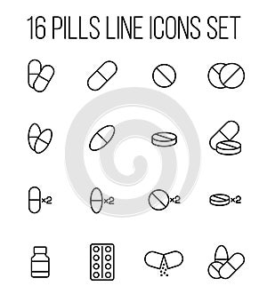 Set of pills icons in modern thin line style.