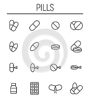 Set of pills icons in modern thin line style.