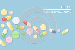 Set of pills, medicine, drugs. Painkiller Tablet, vitamine, pharmaceutical antibiotics. Medical background. Vector cartoon design