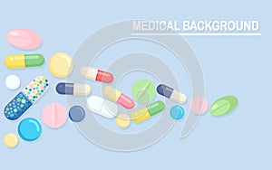 Set of pills, medicine, drugs. Painkiller Tablet, vitamine, pharmaceutical antibiotics. Medical background. Vector cartoon design