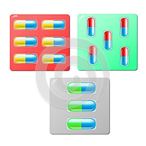 A set of pills. Tablets in a blister. Tablet. Medicine. First aid. Health. Pharmacy.