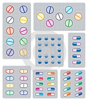 Set of pills, tablets and capsules in blisters, vector photo