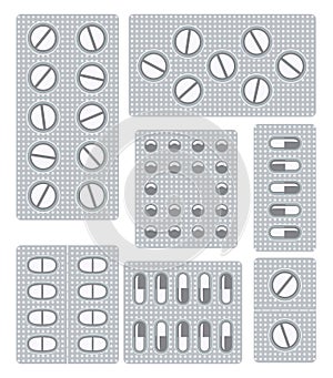 Set of pills, tablets and capsules in blisters, vector photo