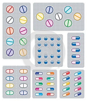 Set of pills, tablets and capsules in blisters, vector