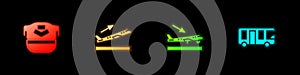 Set Pilot hat, Plane takeoff, landing and Airport bus icon. Vector