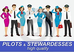 Set of pilots and two stewardesses in uniform