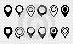 Set of pin map marker vector icons. Pointer on map. Location place.