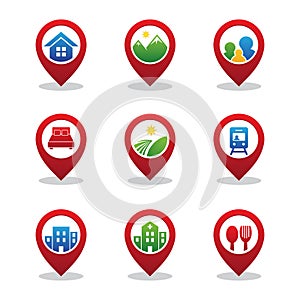 Set pin pointer icon GPS navigation element for map with red color