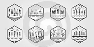 set of pine tree and collection of wilderness line art logo vector illustration design