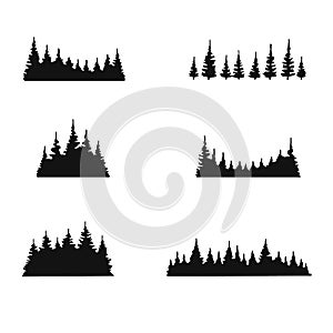 Set of pine trees forest silhouette isolated on white background. Hand drawn vector