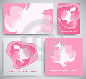Set of pink backgrounds, banners or greeting cards for mother`s day. Paper cutting women and baby stylized silhouettes