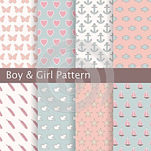 Set of pink and blue seamless patterns. Ideal for baby design. photo