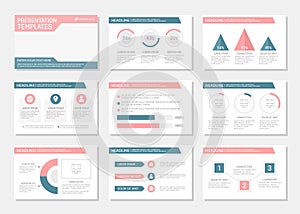 Set of pink and blue template for multipurpose presentation slides with graphs and charts. Leaflet, annual report, book