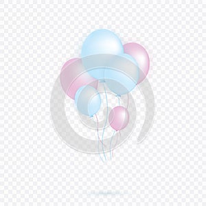 Set of pink, blue transparent with confetti helium balloon isolated in the air. Party decorations for a birthday