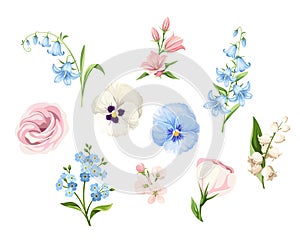 Set of pink, blue and white flowers isolated on white. Vector illustration.