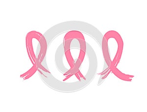 Set of pink breast cancer awareness ribbons painted with watercolor brush. Grunge, sketch, graffiti. Vector illustration.