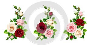 Set of pink, burgundy and white roses corners. Vector illustration.