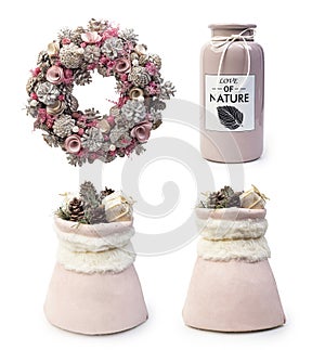 Set of pink christmas decorative elements  on white background, Clipping path included