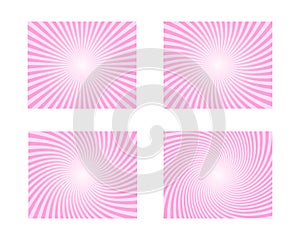 Set of pink circus backgrounds. Rosy sunsets, radial twisted stipes, pinwheel pattern. Strawberry bubble gum, sweet