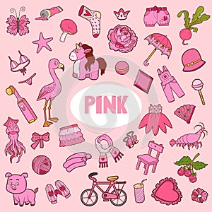 Set of pink color objects. Visual dictionary for children about the basic colors