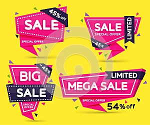 Set of pink colored stickers and banners. Geometric shapes with sharp angles. Big set of beautiful discount and promotion banners.