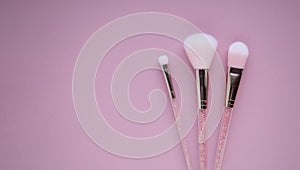 Set of pink cosmetic nylon makeup brushes on pink background with copy space. Foundation, powder and blush, eye shadow brush
