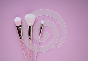 Set of pink cosmetic nylon makeup brushes on pink background with copy space. Foundation, powder and blush, eye shadow brush top v
