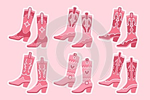 Set of pink cowgirl boots. Pink cowgirl boots with decorative details. Various cowgirl boots, stickers. Cowboy western theme