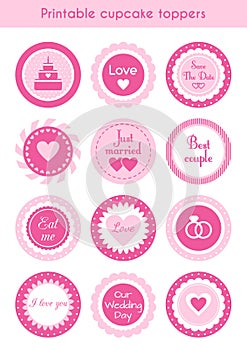 Set of pink cupcake toppers, labels for wedding photo