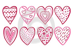 A set of pink decorative hand-drawn hearts