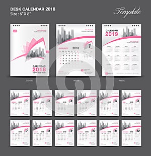 Set pink Desk Calendar 2018 year size 6 x 8 inch template, Set