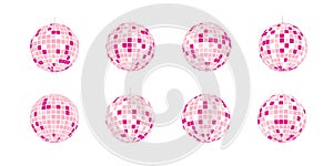 Set of pink discoball icons. Shining nightclub mirror sphere. Dance music party disco ball. Glitterball in 70s 80s 90s