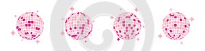 Set of pink discoballs. Night music party mirrorballs in 70s 80s 90s discotheque style. Shining nightclub globes with