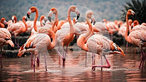 Set of pink flamingos in different poses. Flamingo flies, stands and leans against