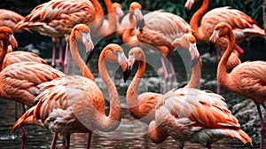 Set of pink flamingos in different poses. Flamingo flies, stands and leans against