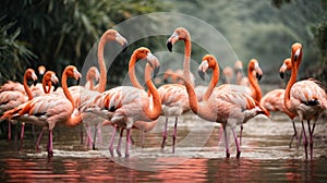 Set of pink flamingos in different poses. Flamingo flies, stands and leans against