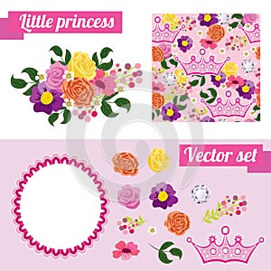 Set of pink floral elements with crown. Collect