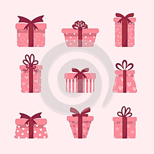 Set of pink gift boxes with bows and ribbons. Happy Valentines day. Cute romantic collection. Vector Illustration in