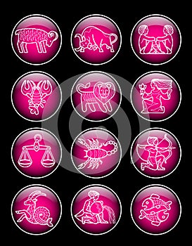 Set of pink glossy round icons with white linear zodiacal symbol