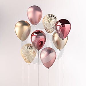 Set of pink and golden glossy balloons on the stick with sparkles on white background. 3D render for birthday, party, wedding or p