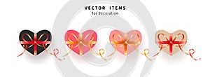 Set of pink and heart shaped gift box with gold and red bows with ribbons. Vector Illustration.