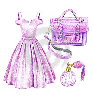 Set of pink items. Fashion illustration. Evening dress, satchel bag and vintage perfume bottle