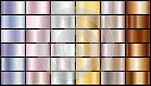 Set of pink, neon, bronze, silver, and gold texture backgrounds. Gold, copper, brass, and metal gradient vector template.