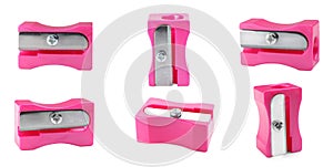Set with pink pencil sharpeners on white background. Banner design