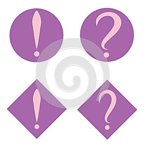 Set of pink question and exclamation marks in purple circle and square. Vector icon. Flat design style