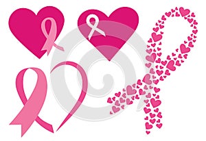 Set of pink ribbons with hearts. Breast cancer awareness ribbons collection. Vector illustration for health. photo