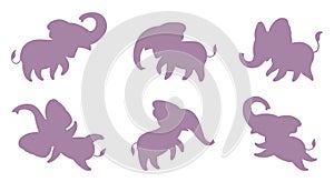 Set of pink silhouettes of little elephants. Cute cartoon elephants in different poses. Vector illustration isolated on