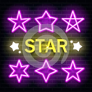 Set of pink star neon lighting isolated on brick wall background. Stars neon sign. Vector.