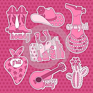 Set of pink stickers pink cowgirl wild west theme. Pink wild west illustrations, cowboy hat, good luck horseshoe and